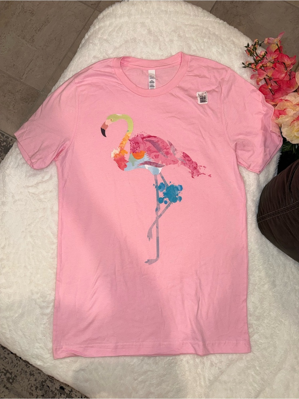 3 x 20$ NWOT Bella Canvas Pink Tee with Colorful Flamingo Graphic Size S